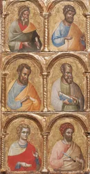 Detail von Madonna mit Kind und Engeln, der Kreuzigung und zwölf Aposteln oder Heiligen